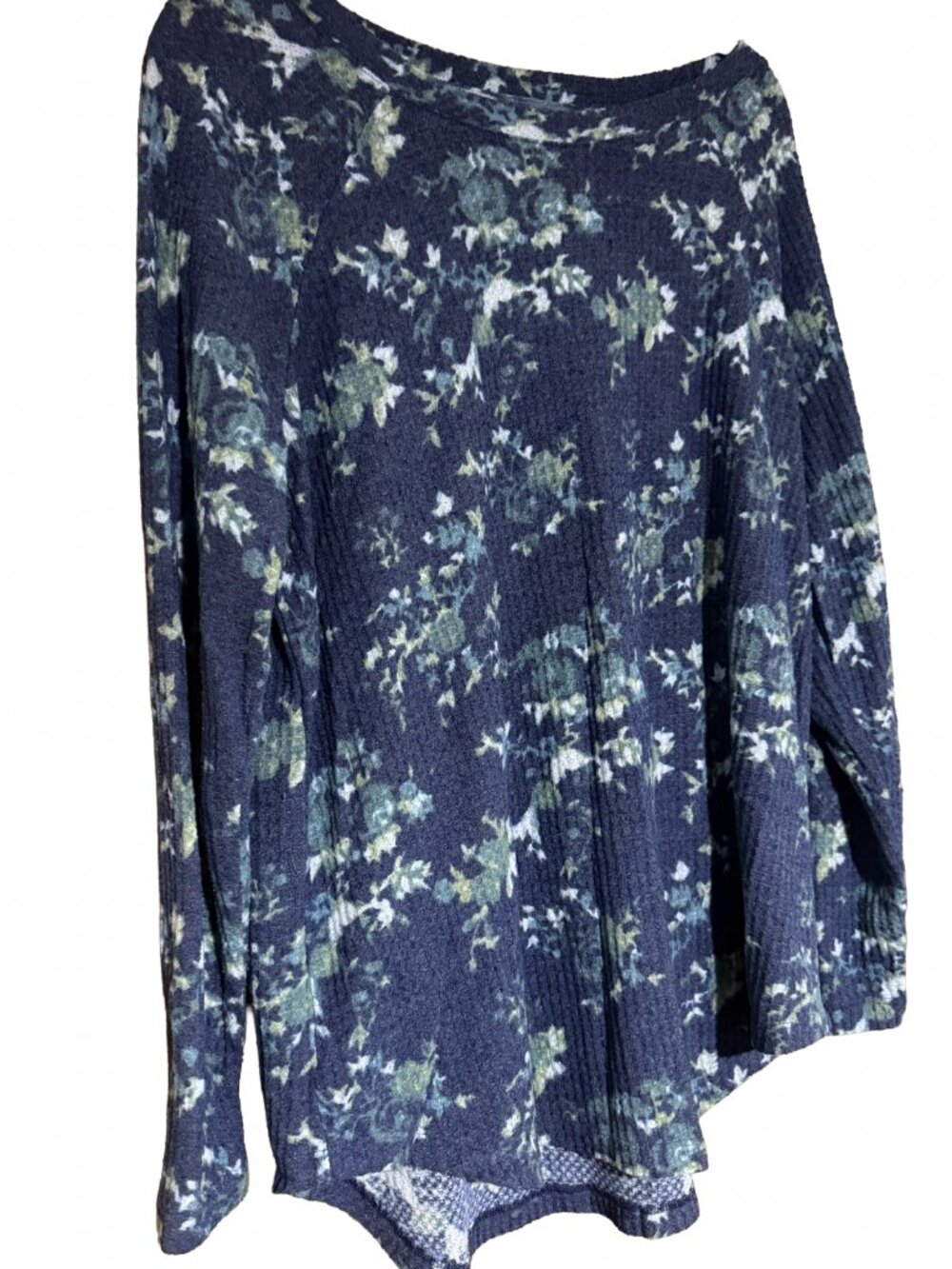 Peace & Pearls Waffle Knit Top Womens XL Blue Floral Long Sleeve Thermal Tunic